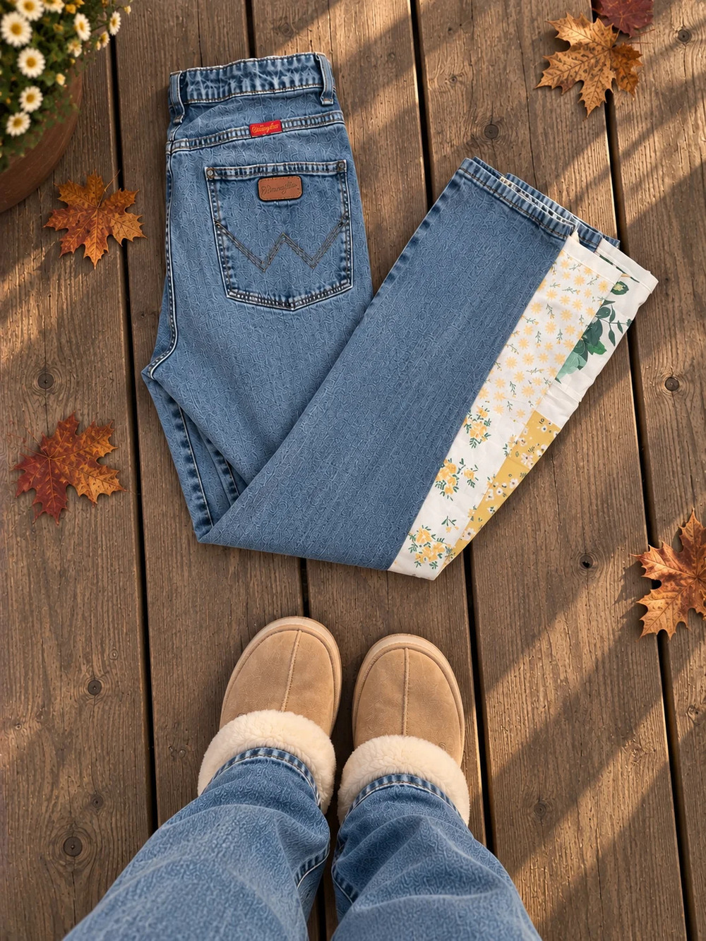 Upcycled Wrangler quilted panel jeans